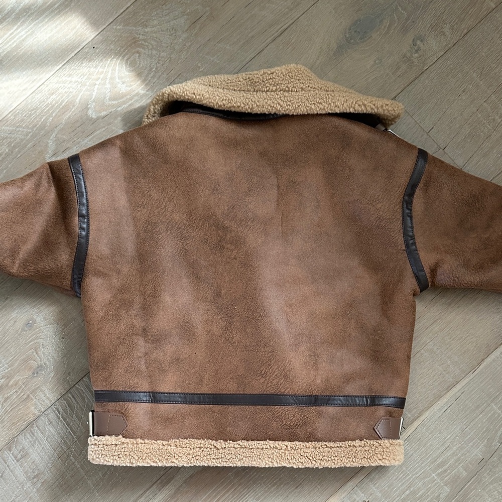 Brown Shearling Aviator Jacket - Faux Suede Bomber - Picture 4 of 4